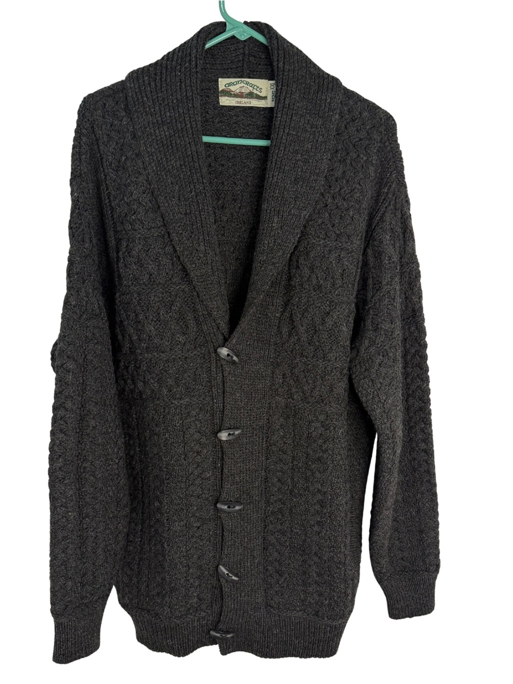 Aran Crafts Men's Dark Gray Shawl Collar Cable Knit Cardigan Size XXL